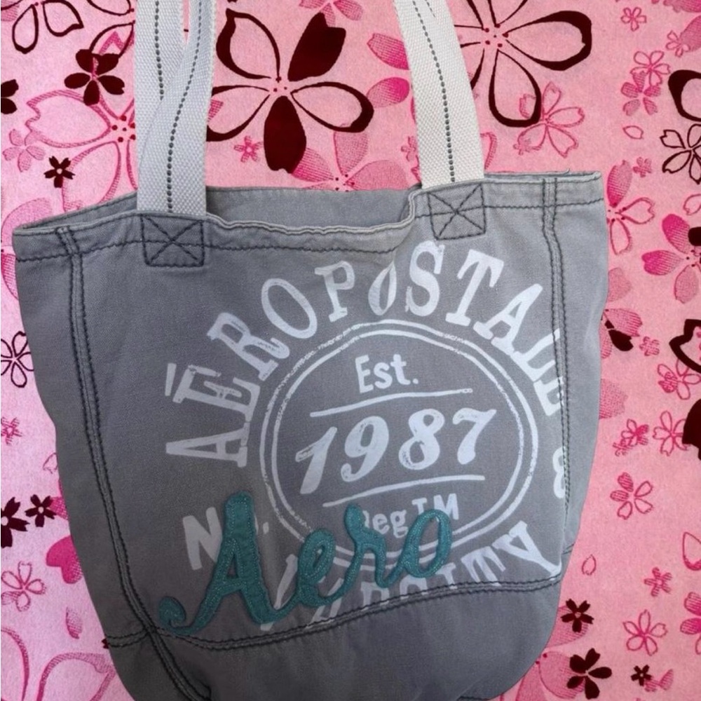 Aeropostale Grey Canvas Tote with Teal Accent